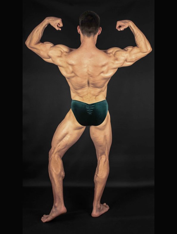 CALZONCILLOS MUSCULACION TERCIOPELO VERDE A RAYAS IFBB, NPC ( LARGO LATERAL 5CM )